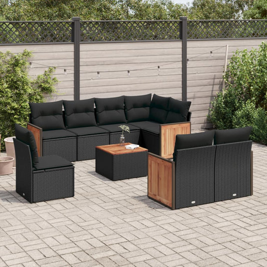 Garden furniture set with cushions, 9 pieces, black, polyrattan