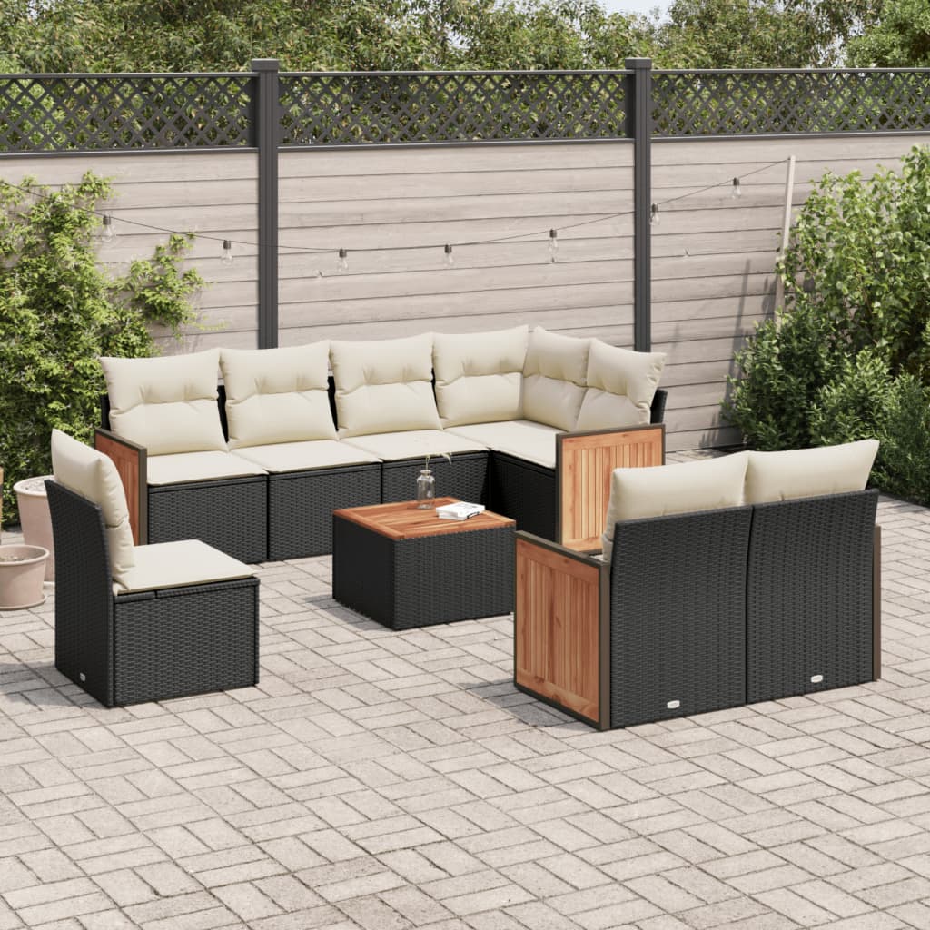 Garden furniture set with cushions, 9 pieces, black, polyrattan