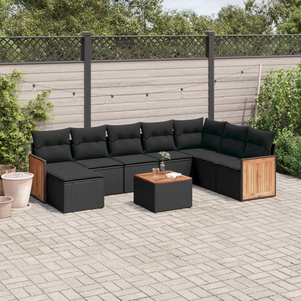 Garden furniture set with cushions, 9 pieces, black, polyrattan