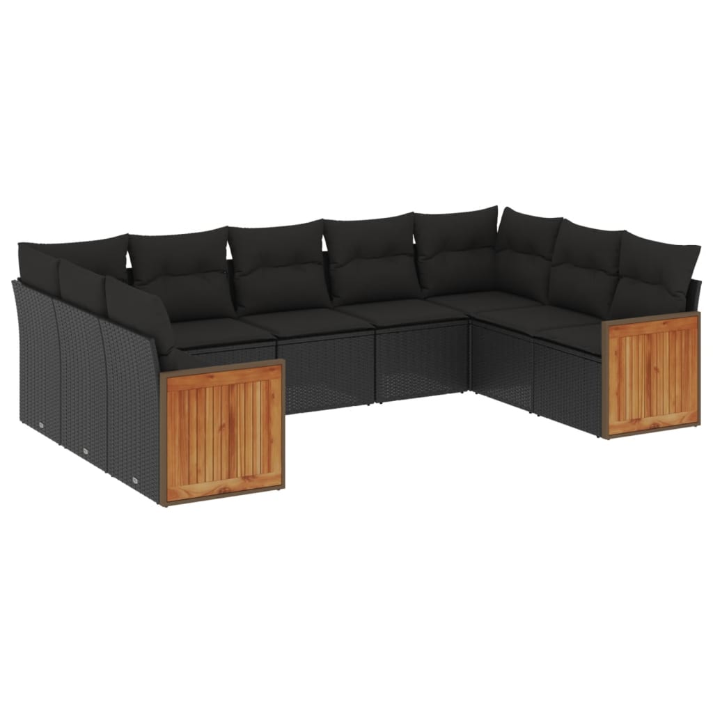 Garden furniture set with cushions, 9 pieces, black, polyrattan