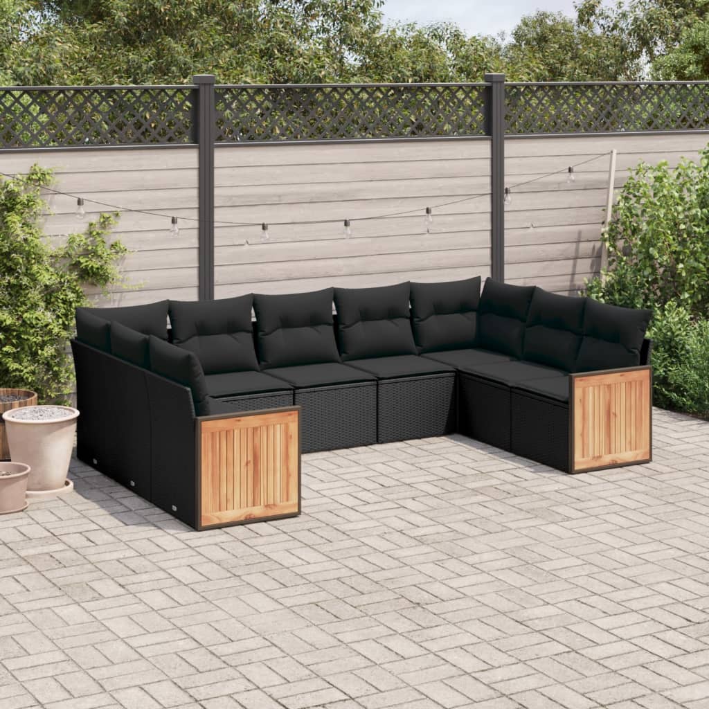 Garden furniture set with cushions, 9 pieces, black, polyrattan