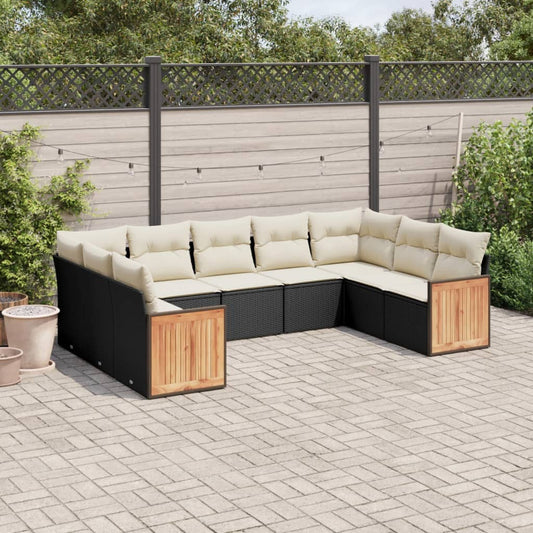 Garden furniture set with cushions, 9 pieces, black, polyrattan