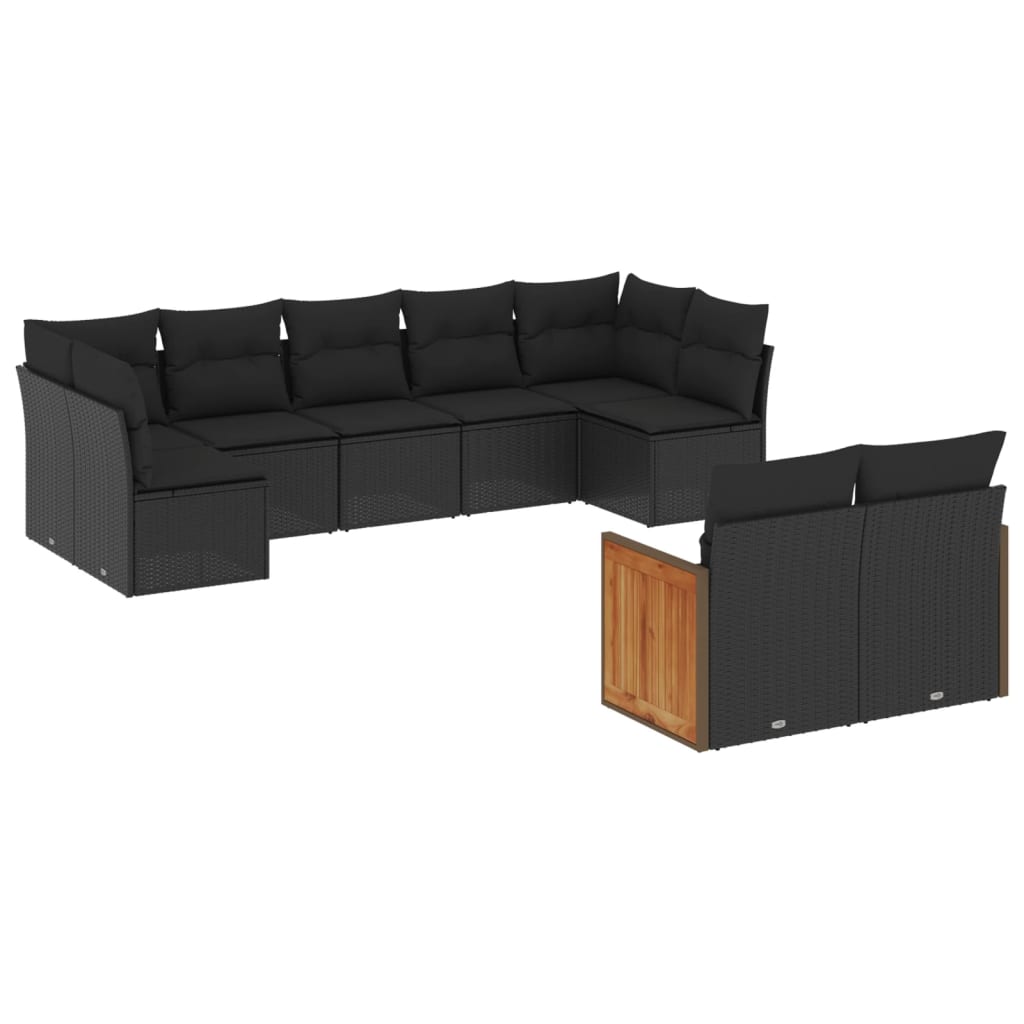 Garden furniture set with cushions, 9 pieces, black, polyrattan