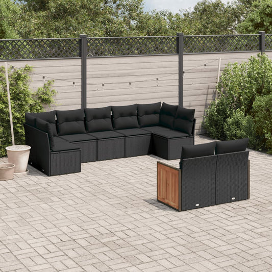 Garden furniture set with cushions, 9 pieces, black, polyrattan