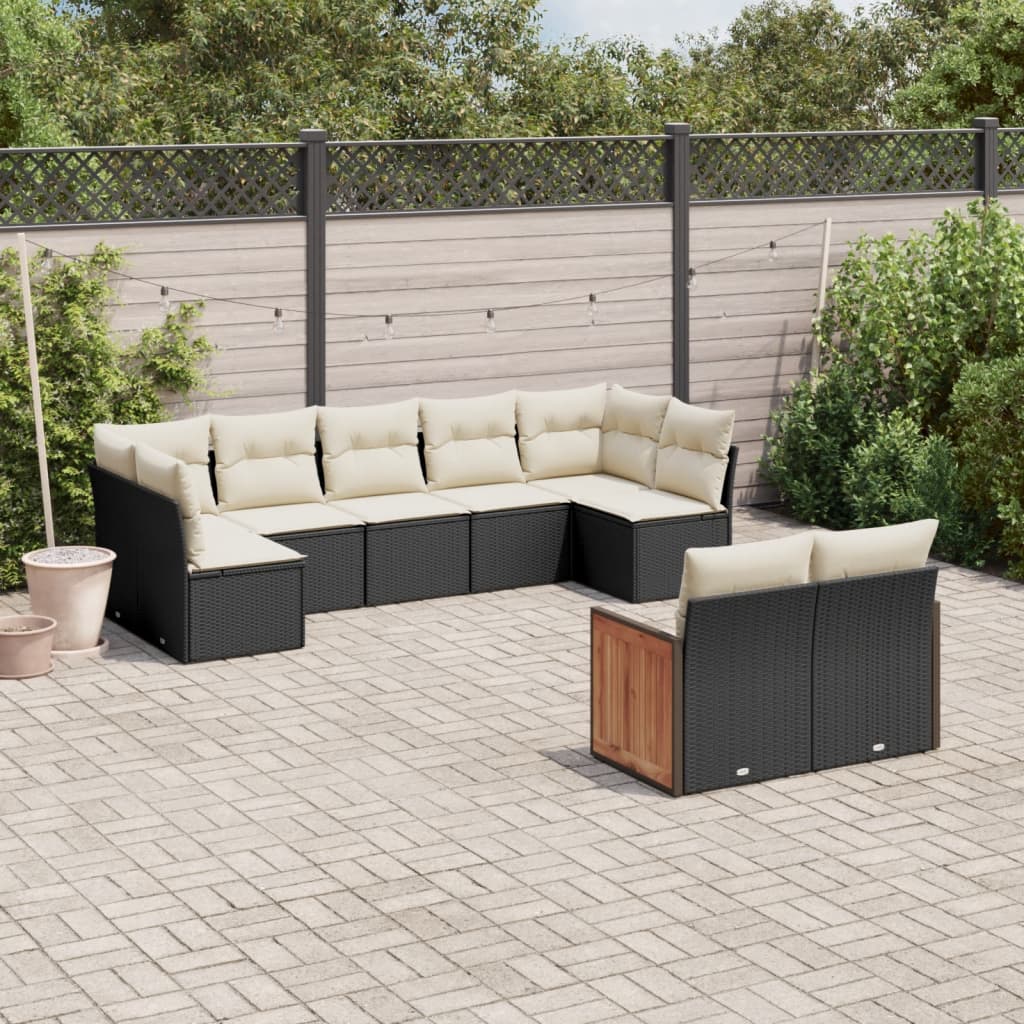 Garden furniture set with cushions, 9 pieces, black, polyrattan