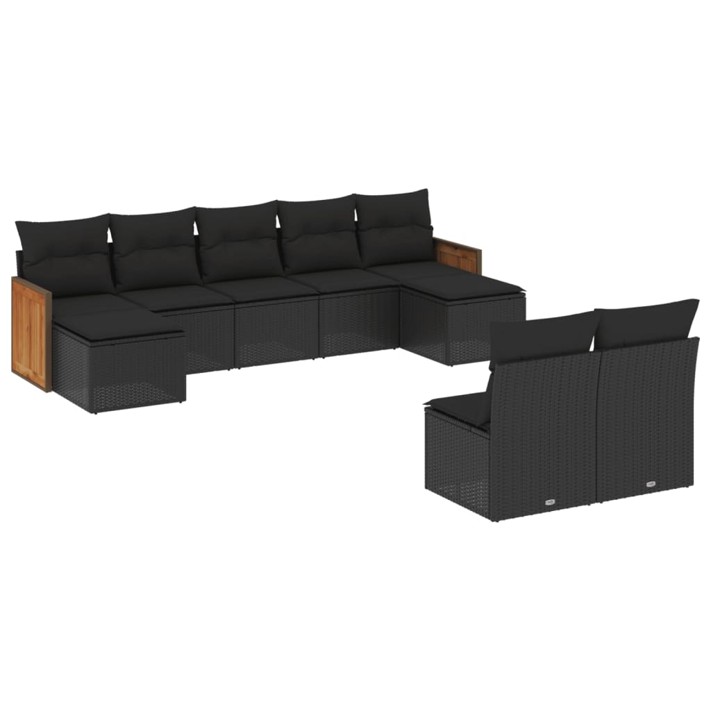 Garden furniture set with cushions, 9 pieces, black, polyrattan