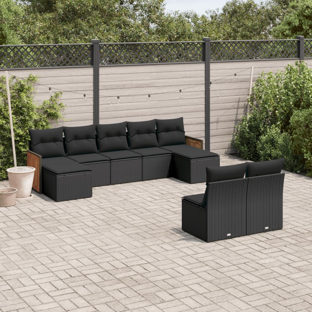 Garden furniture set with cushions, 9 pieces, black, polyrattan