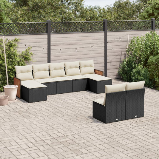 Garden furniture set with cushions, 9 pieces, black, polyrattan