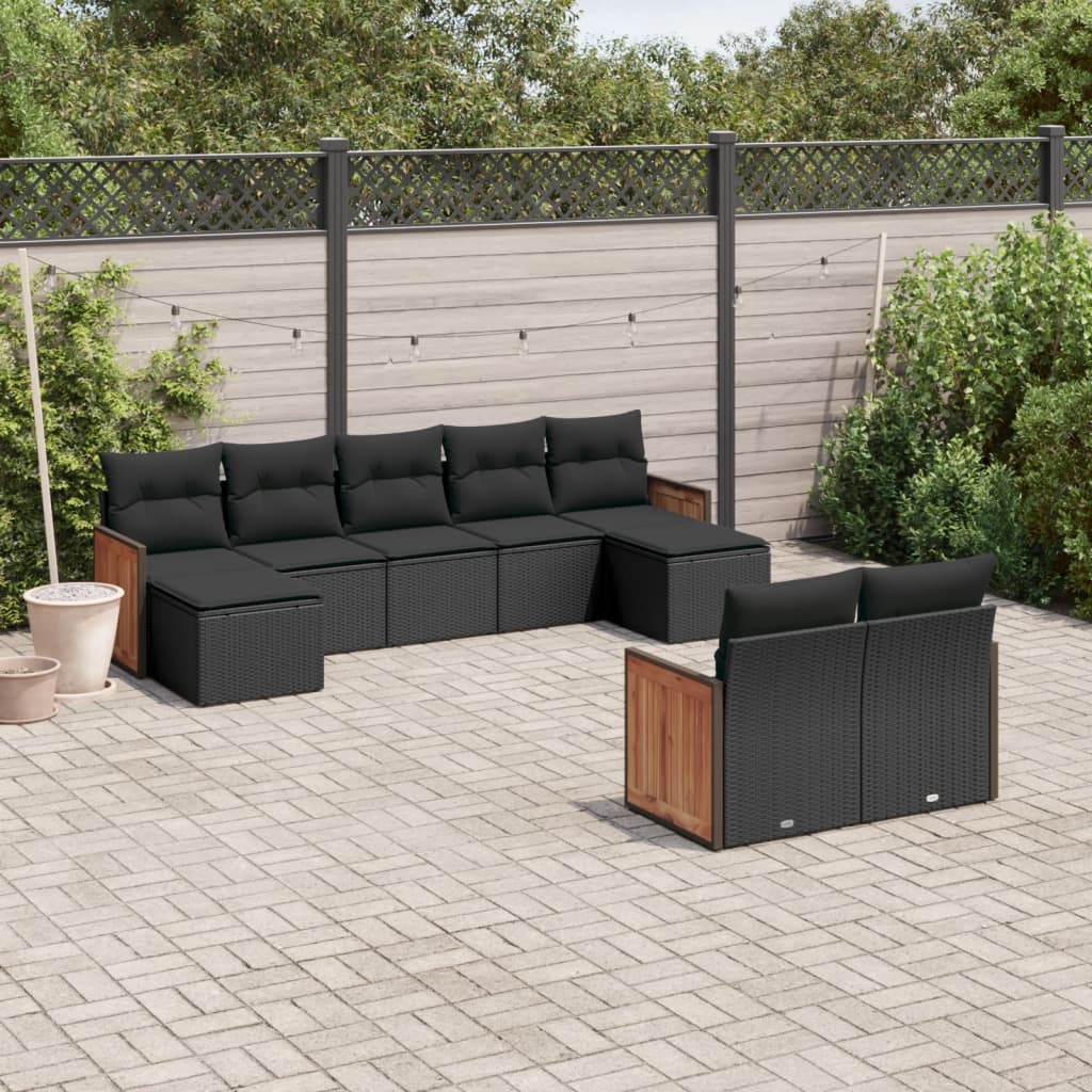 Garden furniture set with cushions, 9 pieces, black, polyrattan