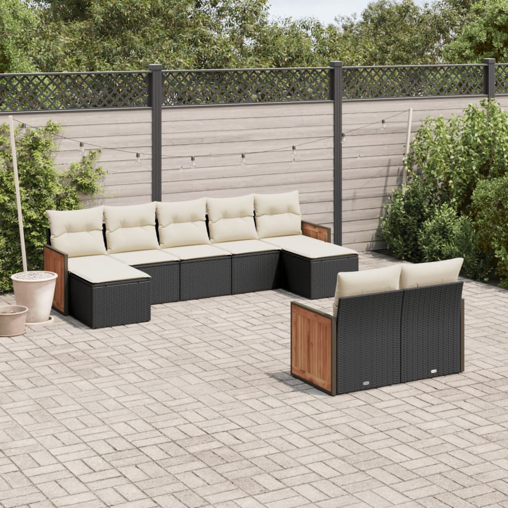 Garden furniture set with cushions, 9 pieces, black, polyrattan