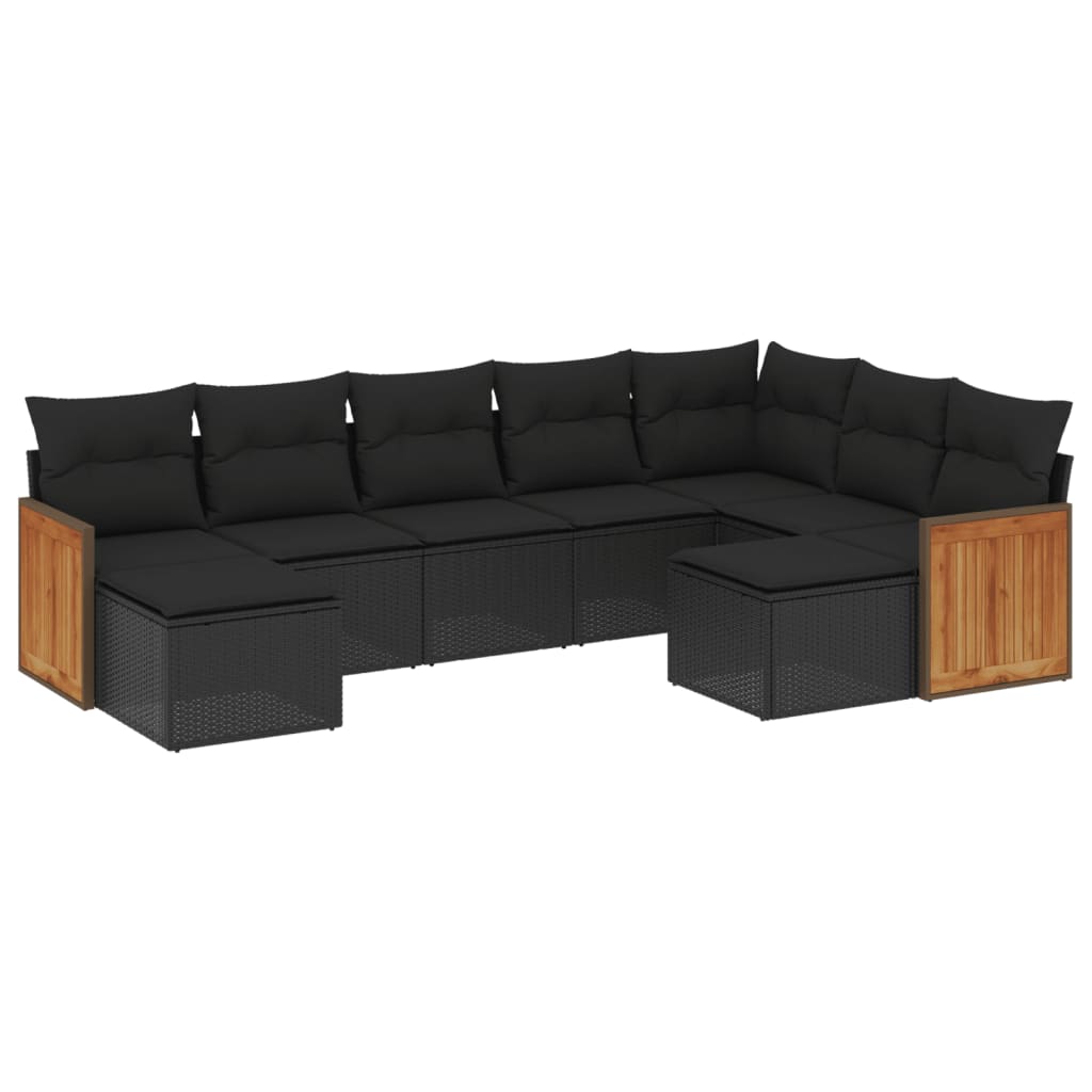 Garden furniture set with cushions, 9 pieces, black, polyrattan