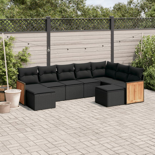 Garden furniture set with cushions, 9 pieces, black, polyrattan