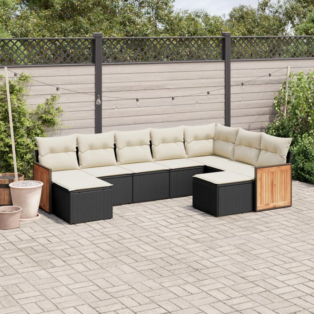 Garden furniture set with cushions, 9 pieces, black, polyrattan