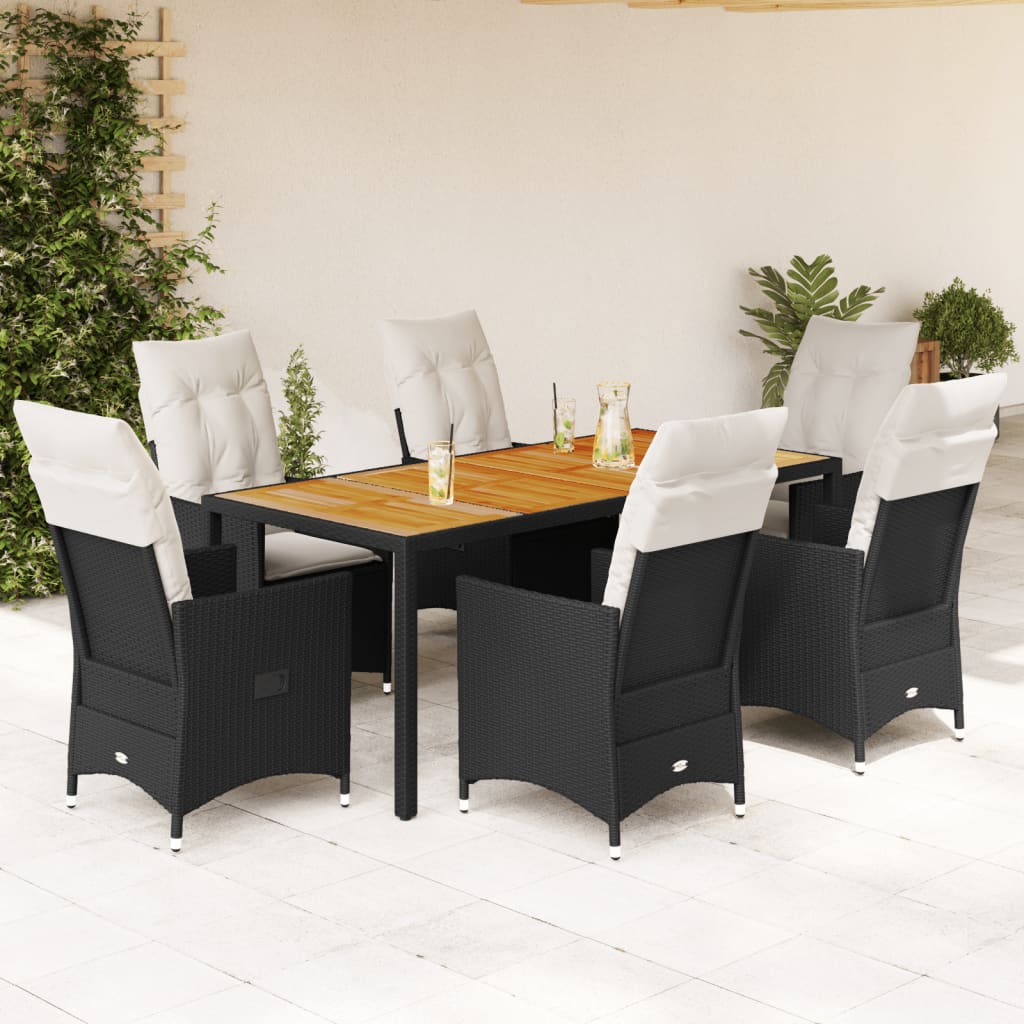 Garden furniture set with cushions, 7 pieces, black, polyrattan