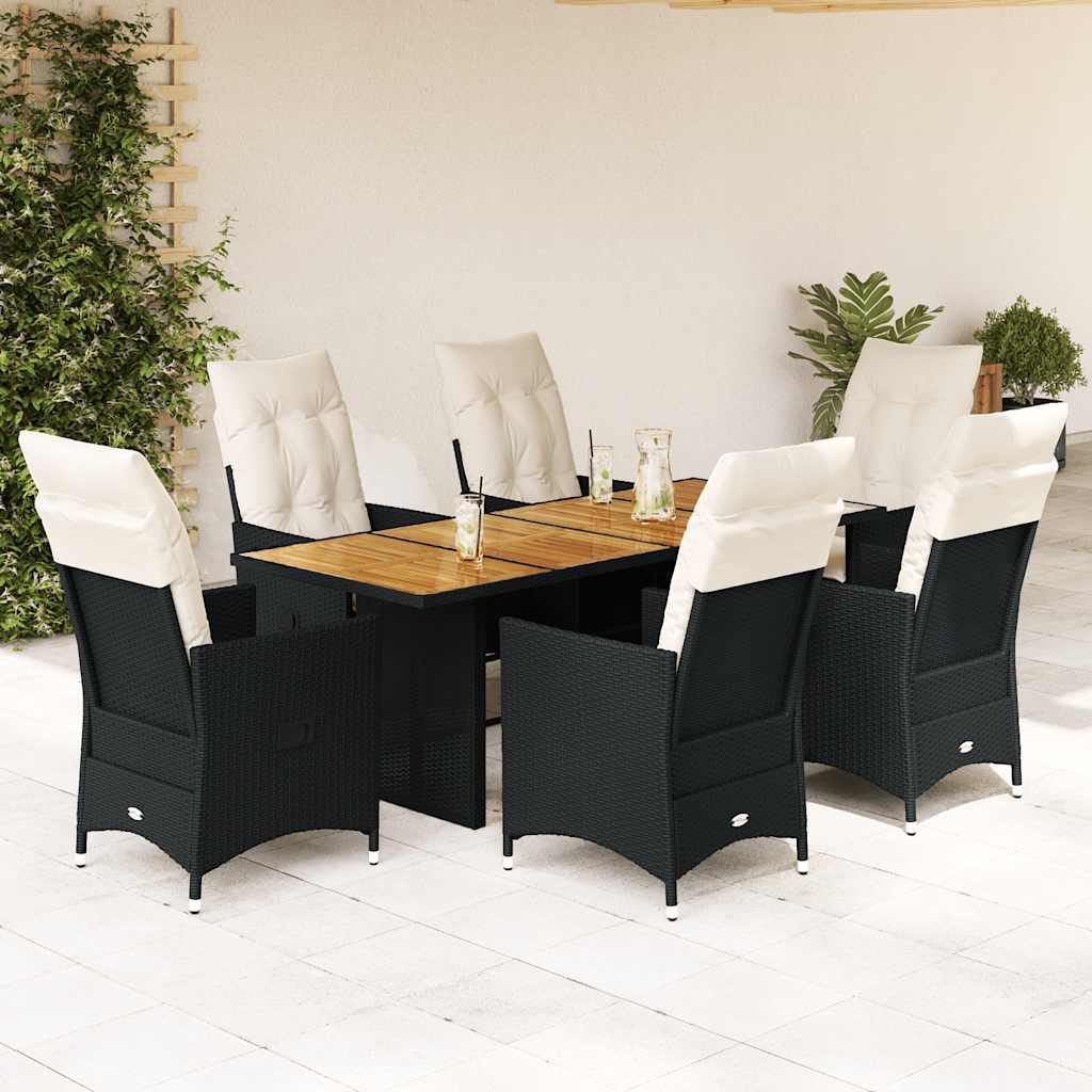 Garden furniture set with cushions, 7 pieces, black, polyrattan