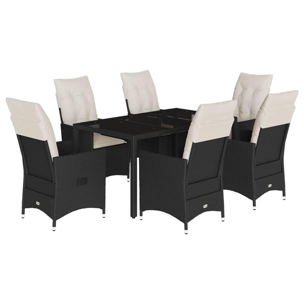 Garden furniture set with cushions, 7 pieces, black, polyrattan