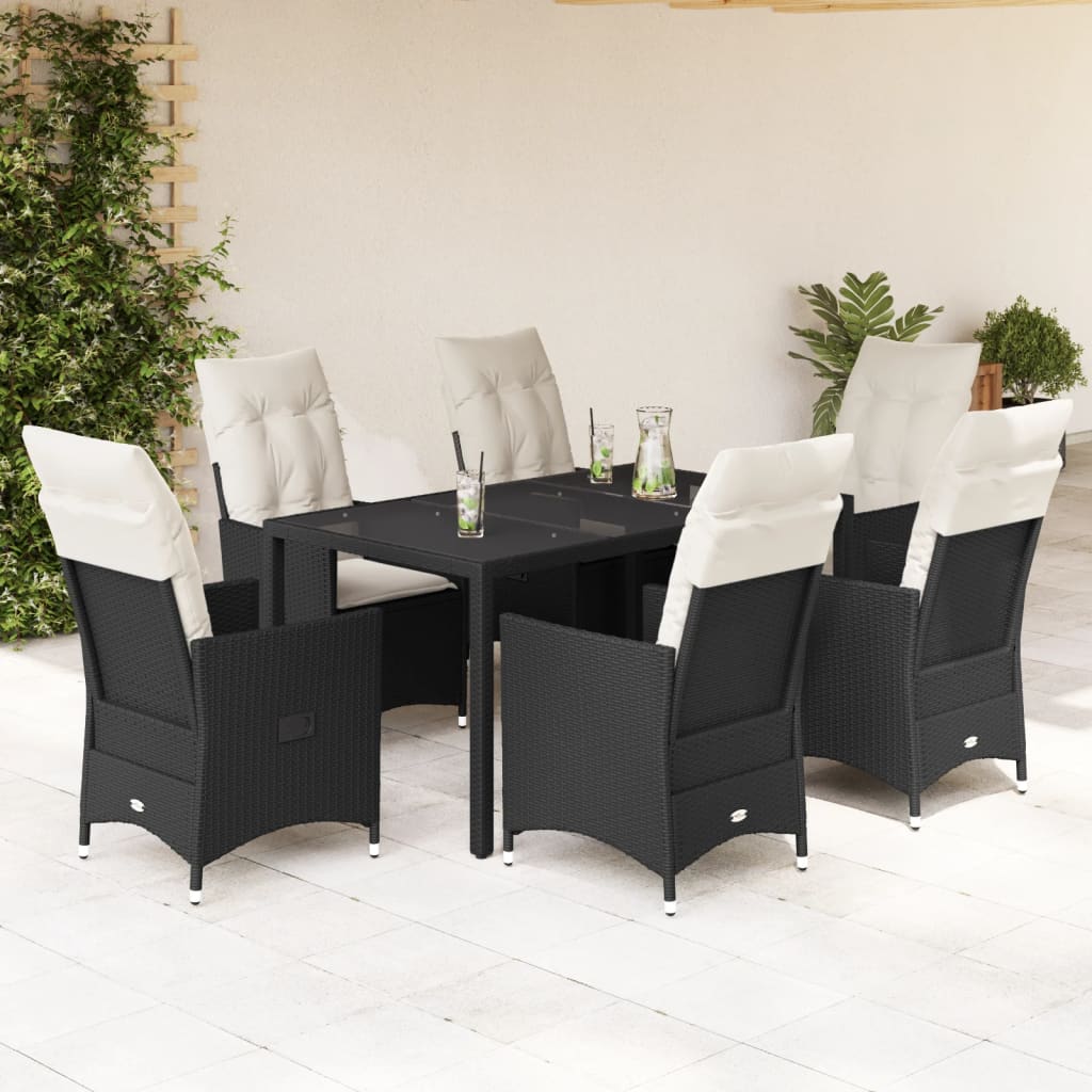 Garden furniture set with cushions, 7 pieces, black, polyrattan