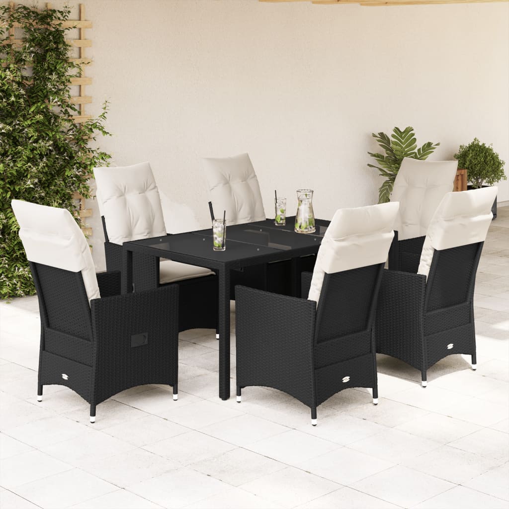 Garden furniture set with cushions, 7 pieces, black, polyrattan