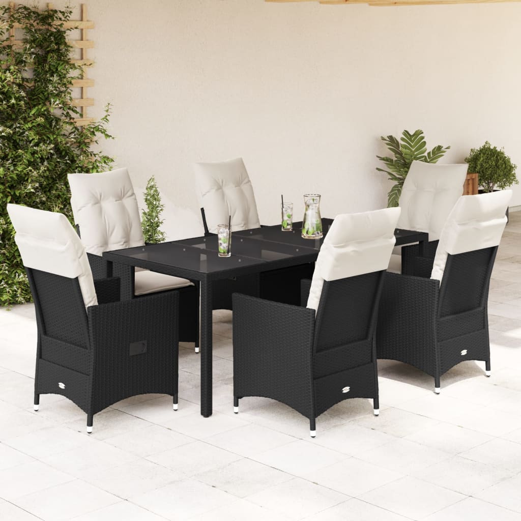 Garden furniture set with cushions, 7 pieces, black, polyrattan