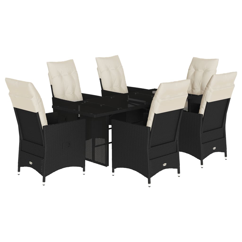 Garden furniture set with cushions, 7 pieces, black, polyrattan