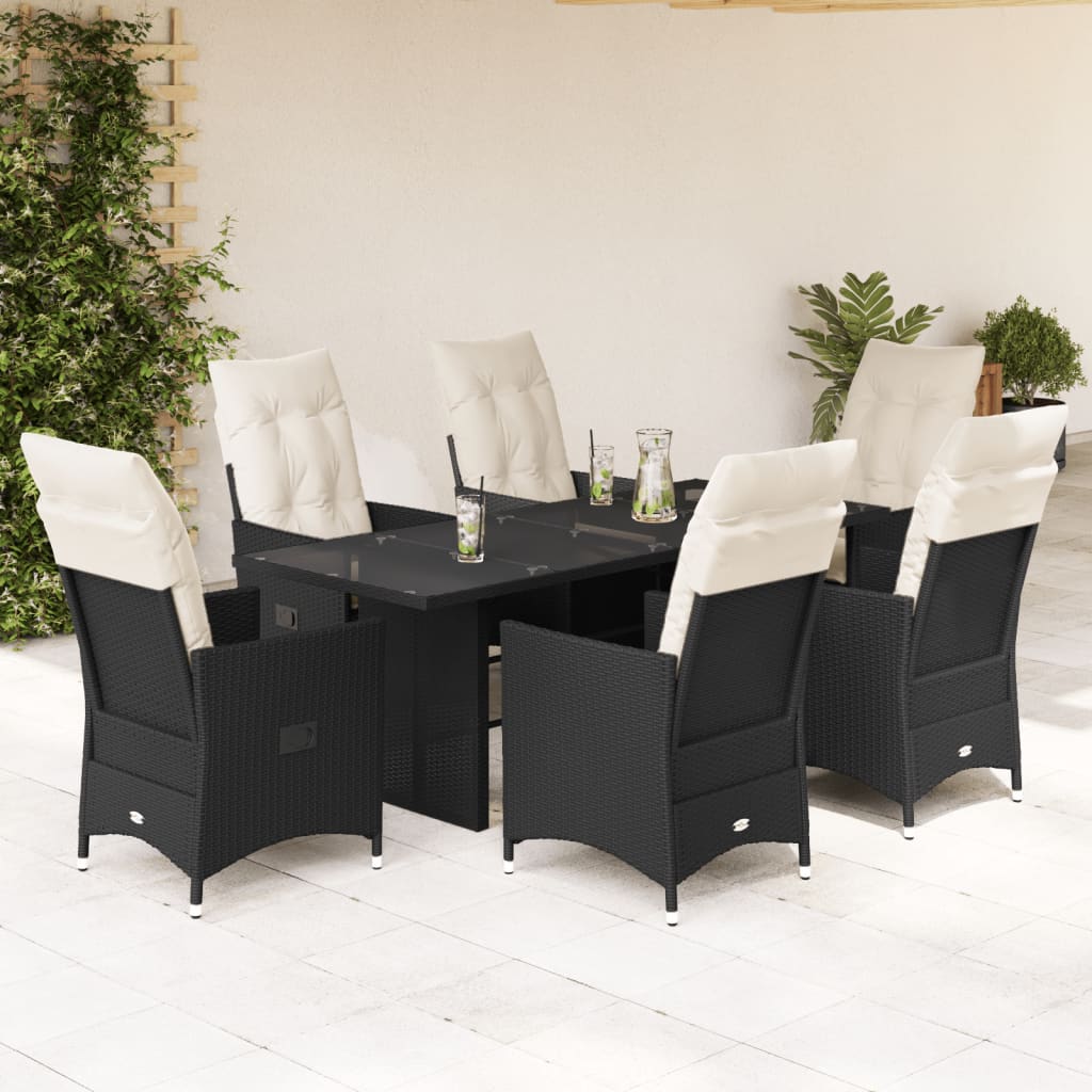 Garden furniture set with cushions, 7 pieces, black, polyrattan