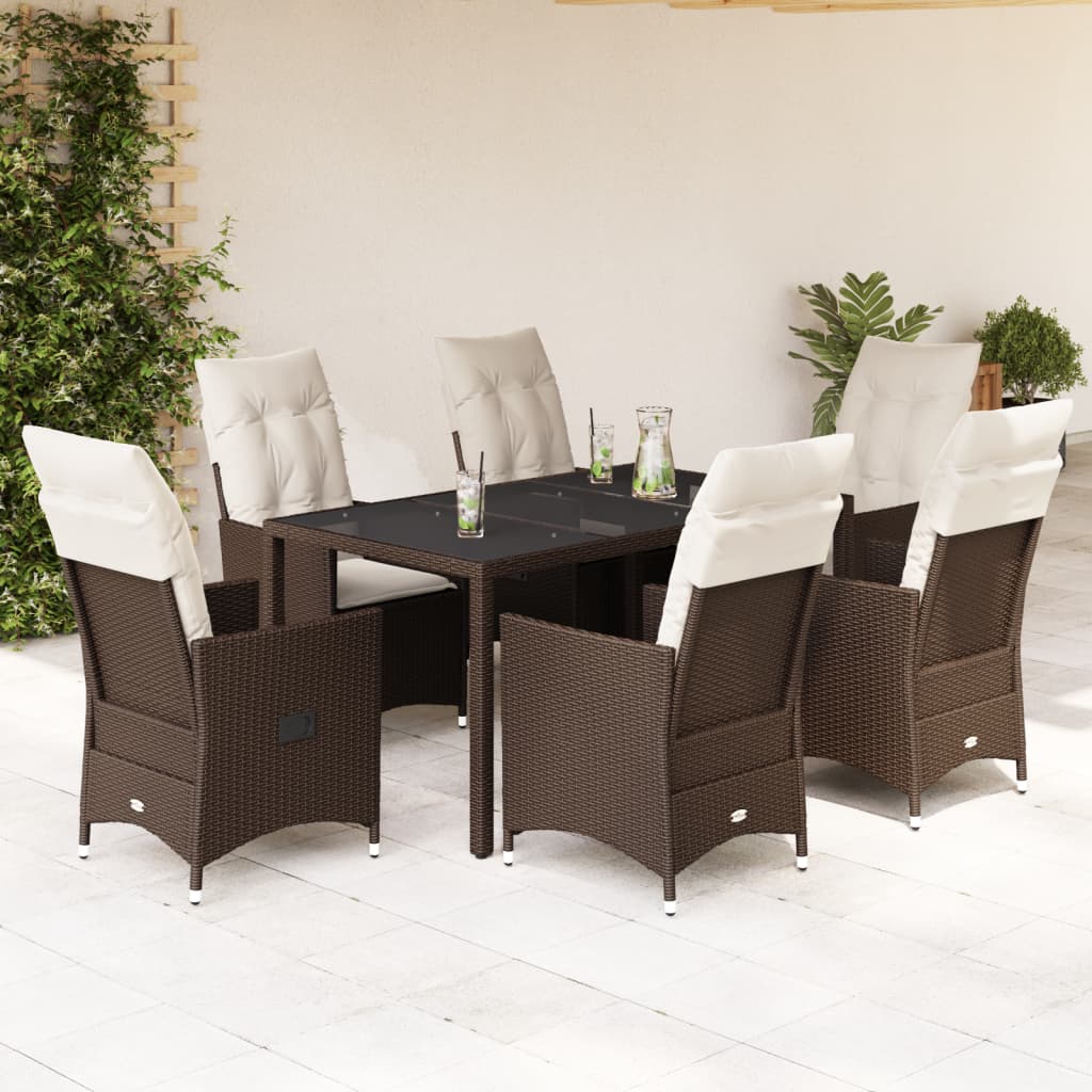 Garden furniture set with cushions, 7 pieces, brown, polyrattan