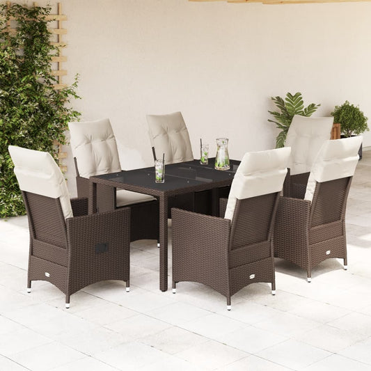 Garden furniture set with cushions, 7 pieces, brown, polyrattan