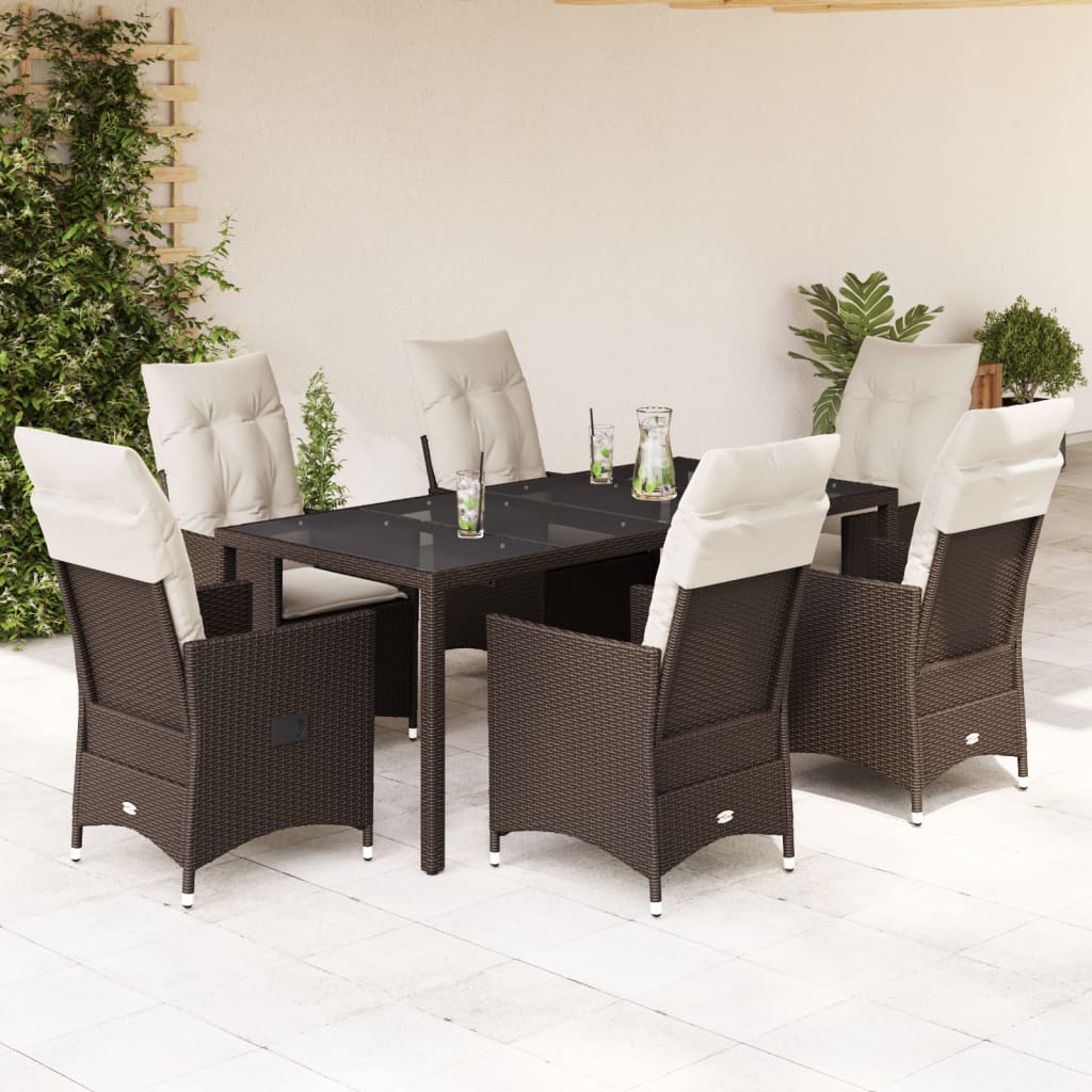 Garden furniture set with cushions, 7 pieces, brown, polyrattan