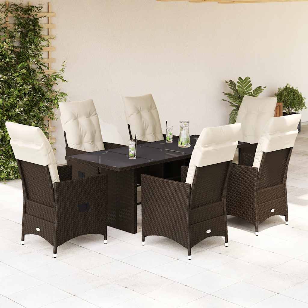 Garden furniture set with cushions, 7 pieces, brown, polyrattan