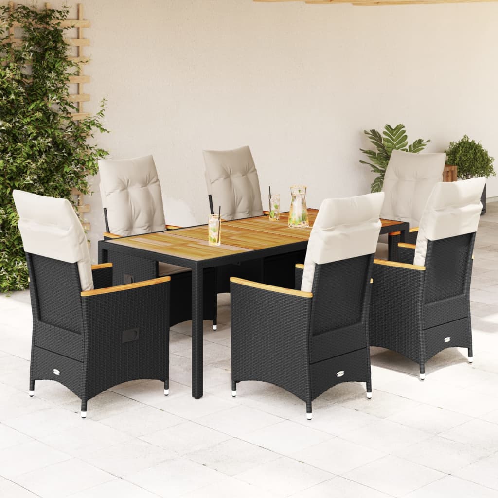 Garden furniture set with cushions, 7 pieces, black, polyrattan