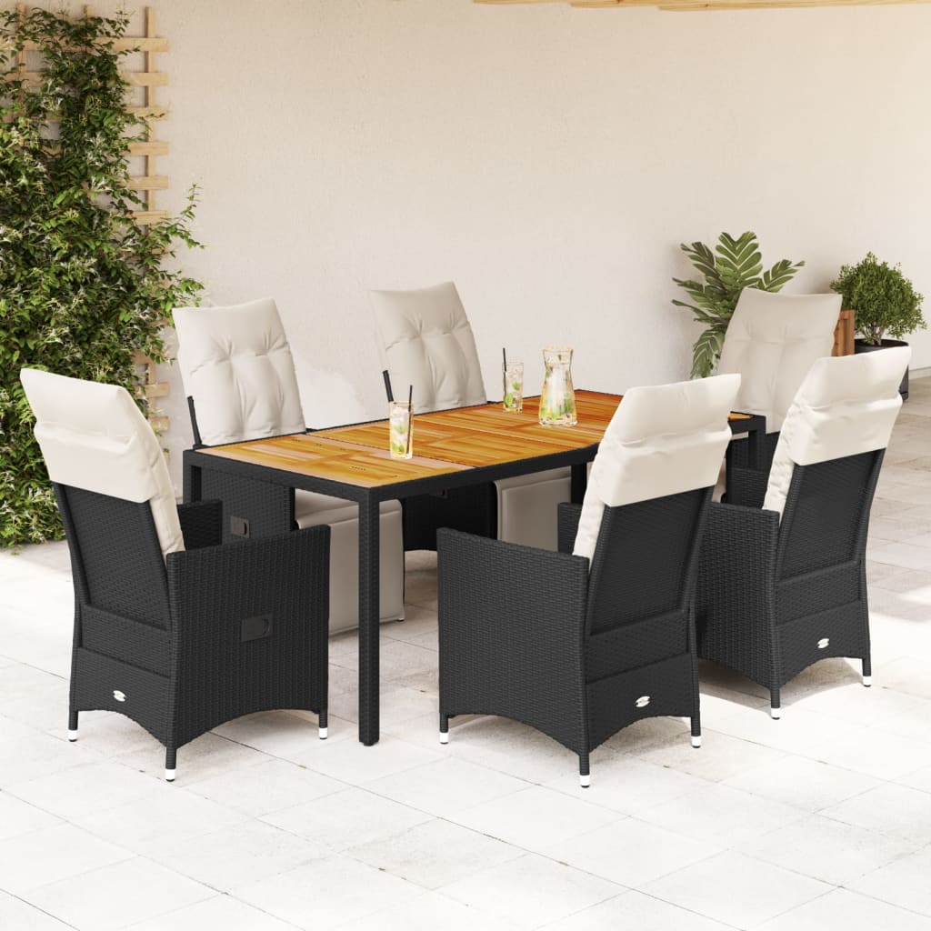 Garden furniture set with cushions, 7 pieces, black, polyrattan