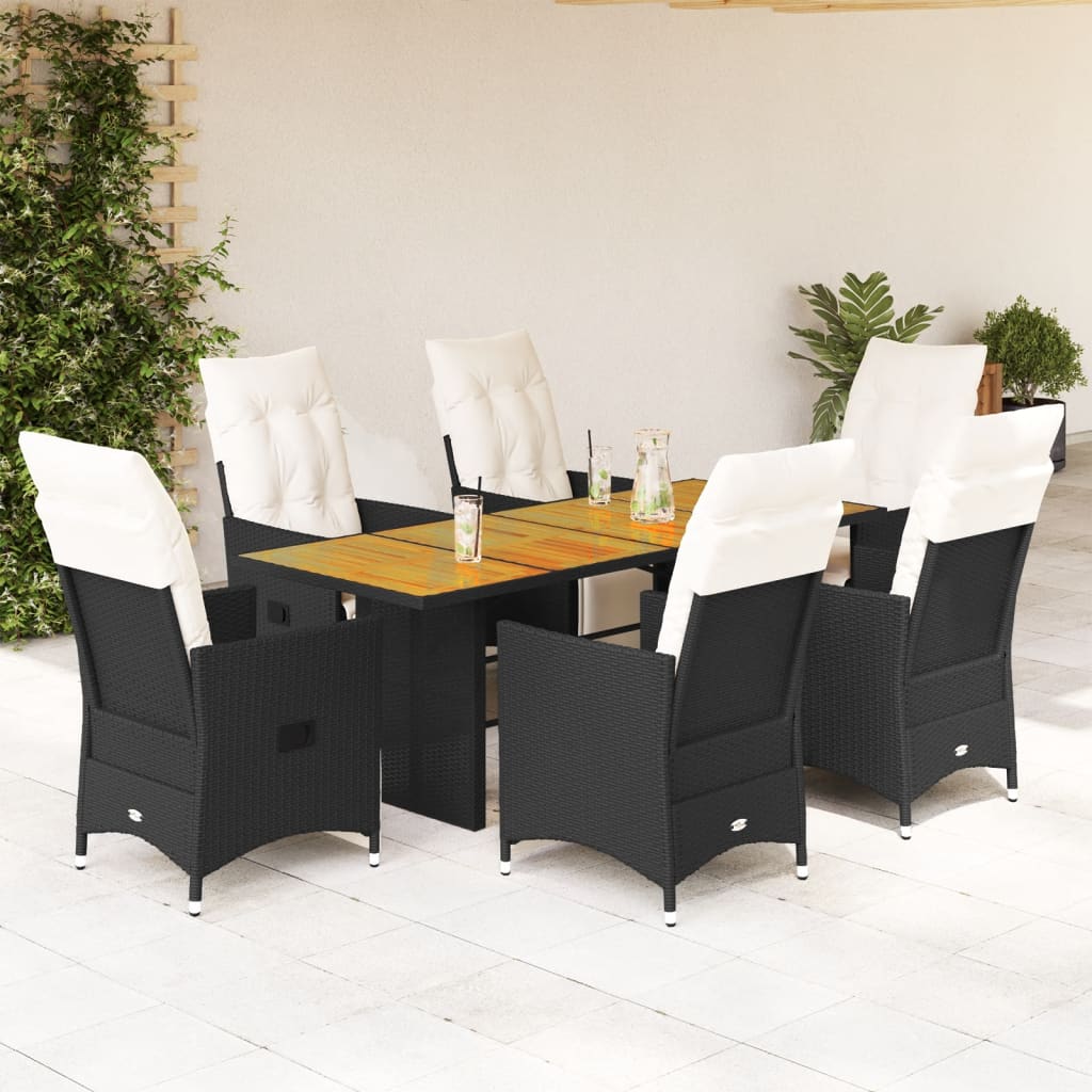 Garden furniture set with cushions, 7 pieces, black, polyrattan