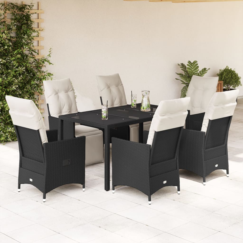 Garden furniture set with cushions, 7 pieces, black, polyrattan