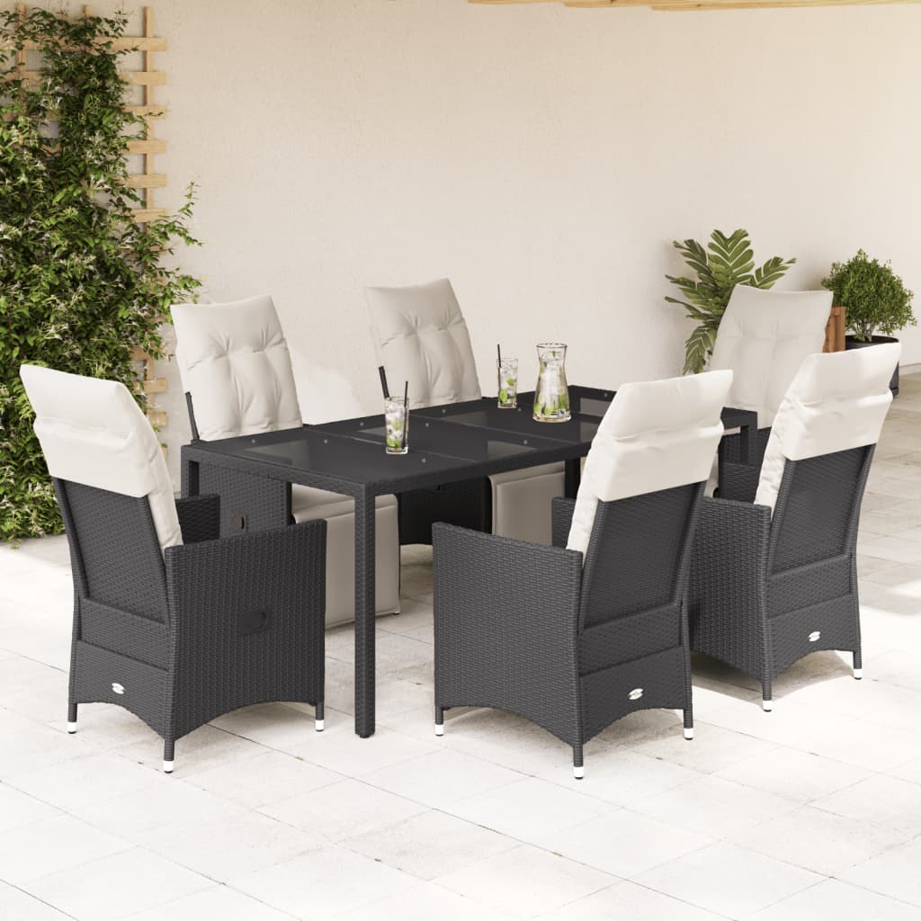 Garden furniture set with cushions, 7 pieces, black, polyrattan