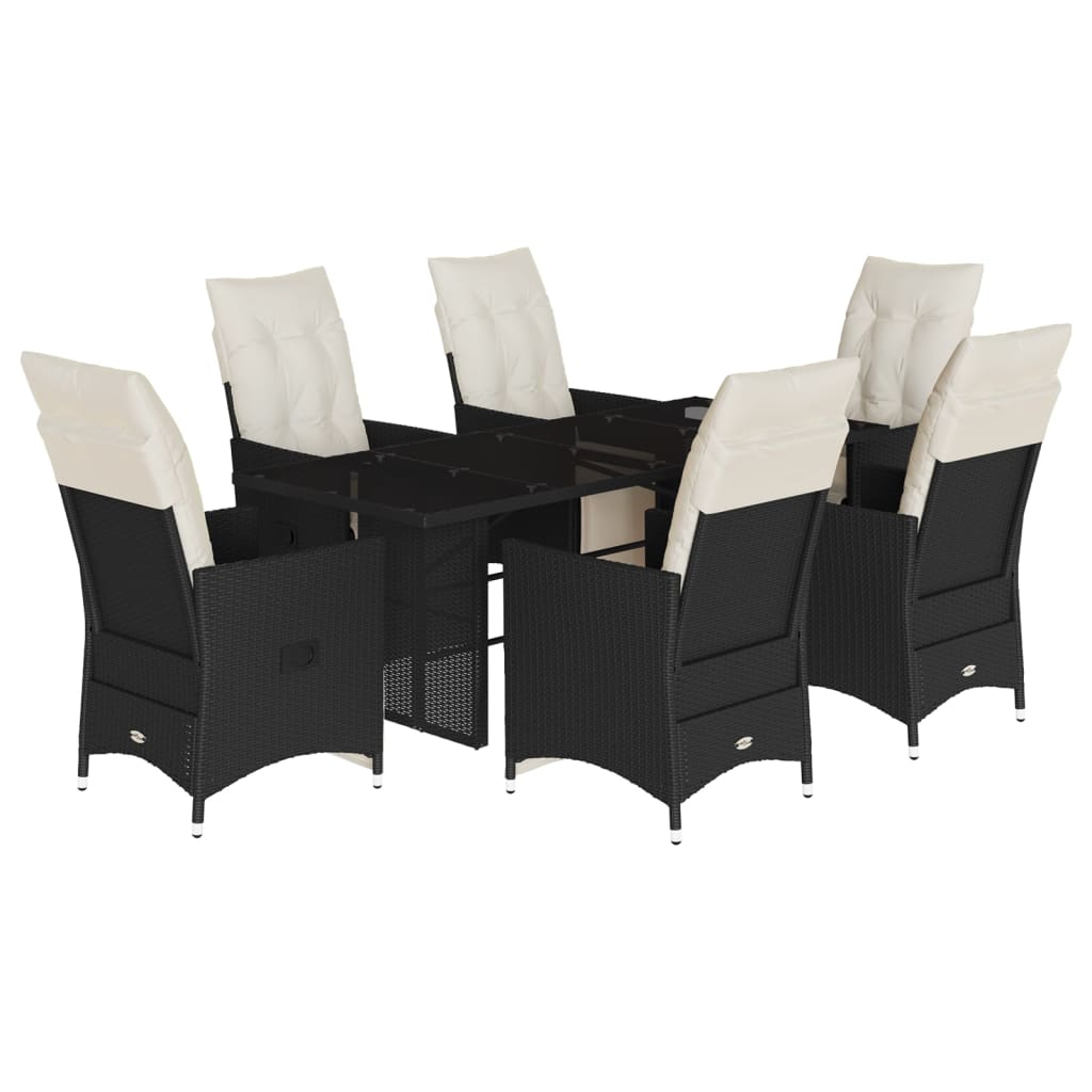 Garden furniture set with cushions, 7 pieces, black, polyrattan