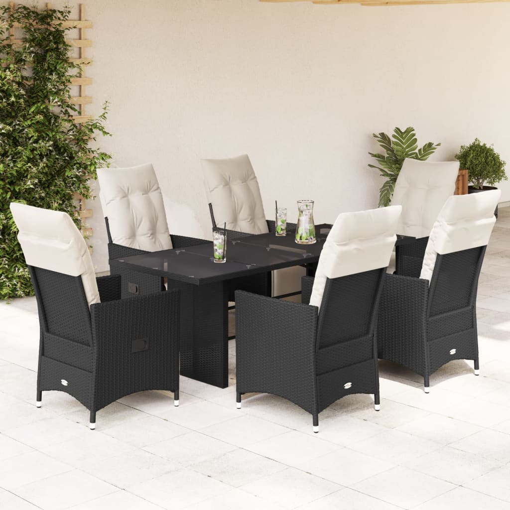 Garden furniture set with cushions, 7 pieces, black, polyrattan