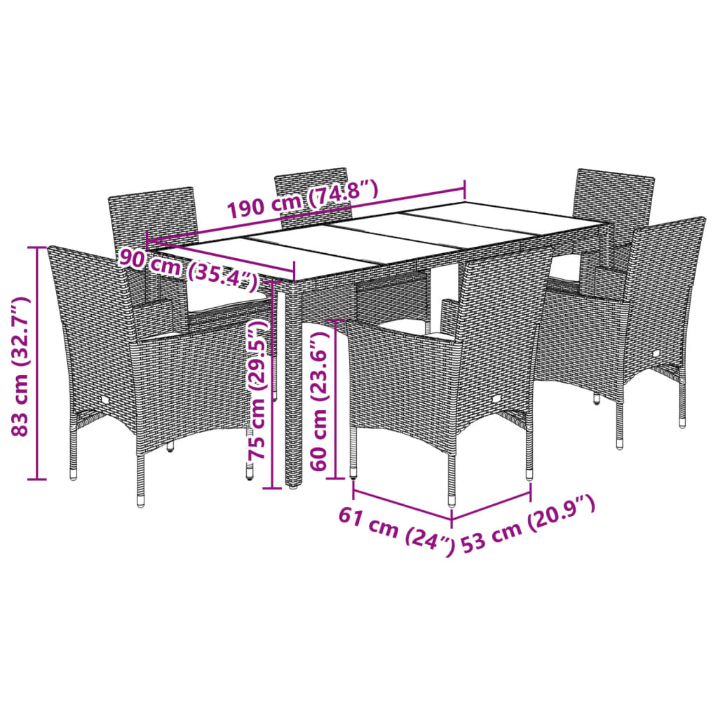 Garden furniture set with cushions, 7 pieces, polyrattan and glass