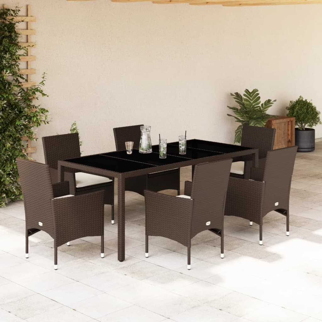 Garden furniture set with cushions, 7 pieces, polyrattan and glass