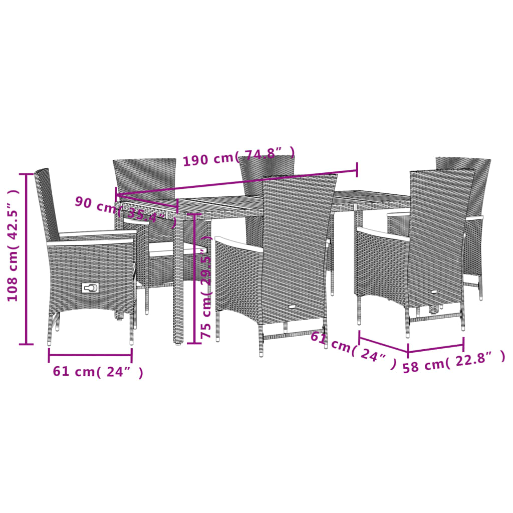 Garden furniture set with cushions, 7 pieces, black, polyrattan