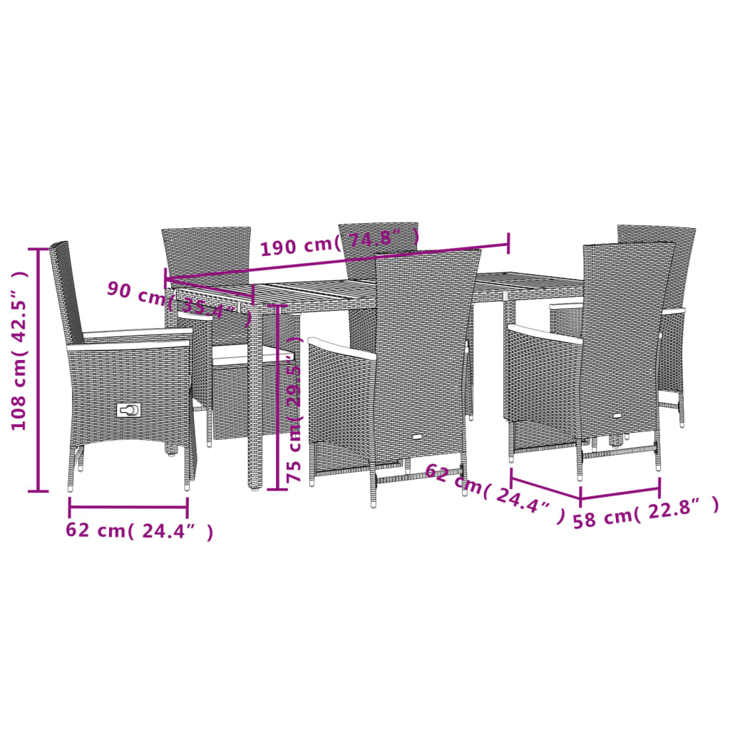 Set mobilier de grădină cu perne, 7 piese, negru, poliratan