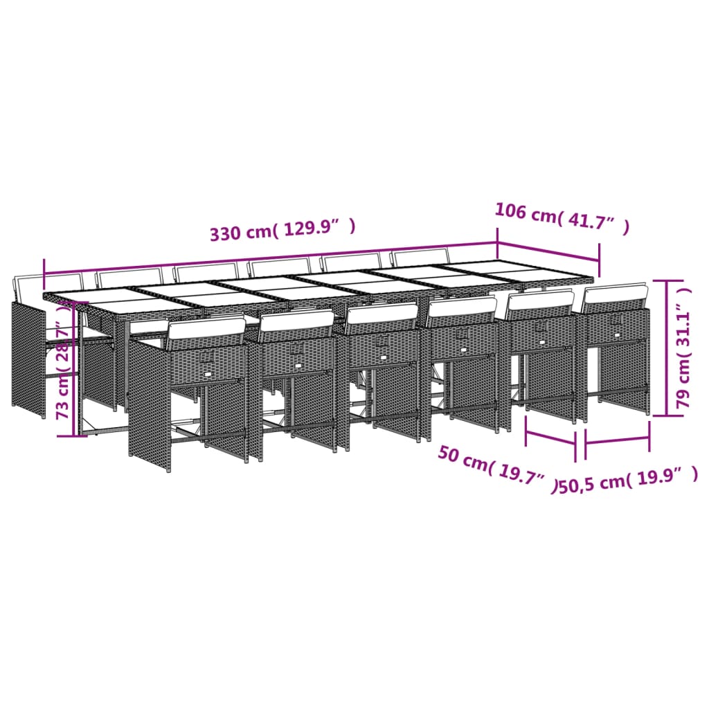 Set mobilier de grădină, 13 piese, maro, cu perne, poliratan