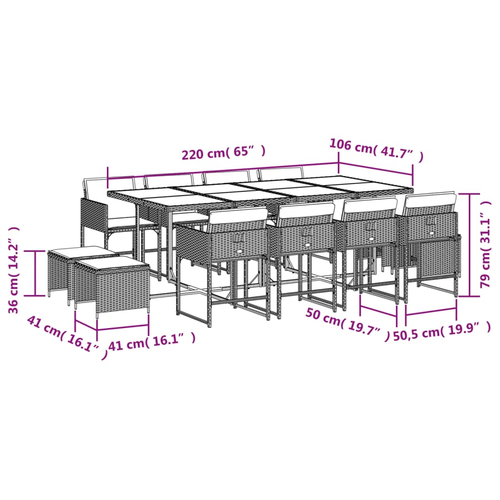 Garden furniture set, 13 pieces, brown, with cushions, polyrattan