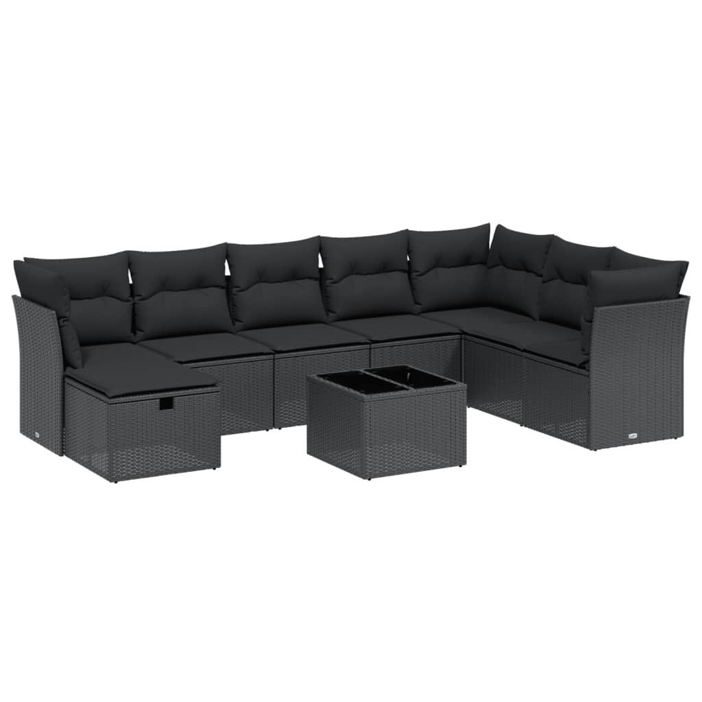 Garden furniture set with cushions, 9 pieces, black, polyrattan