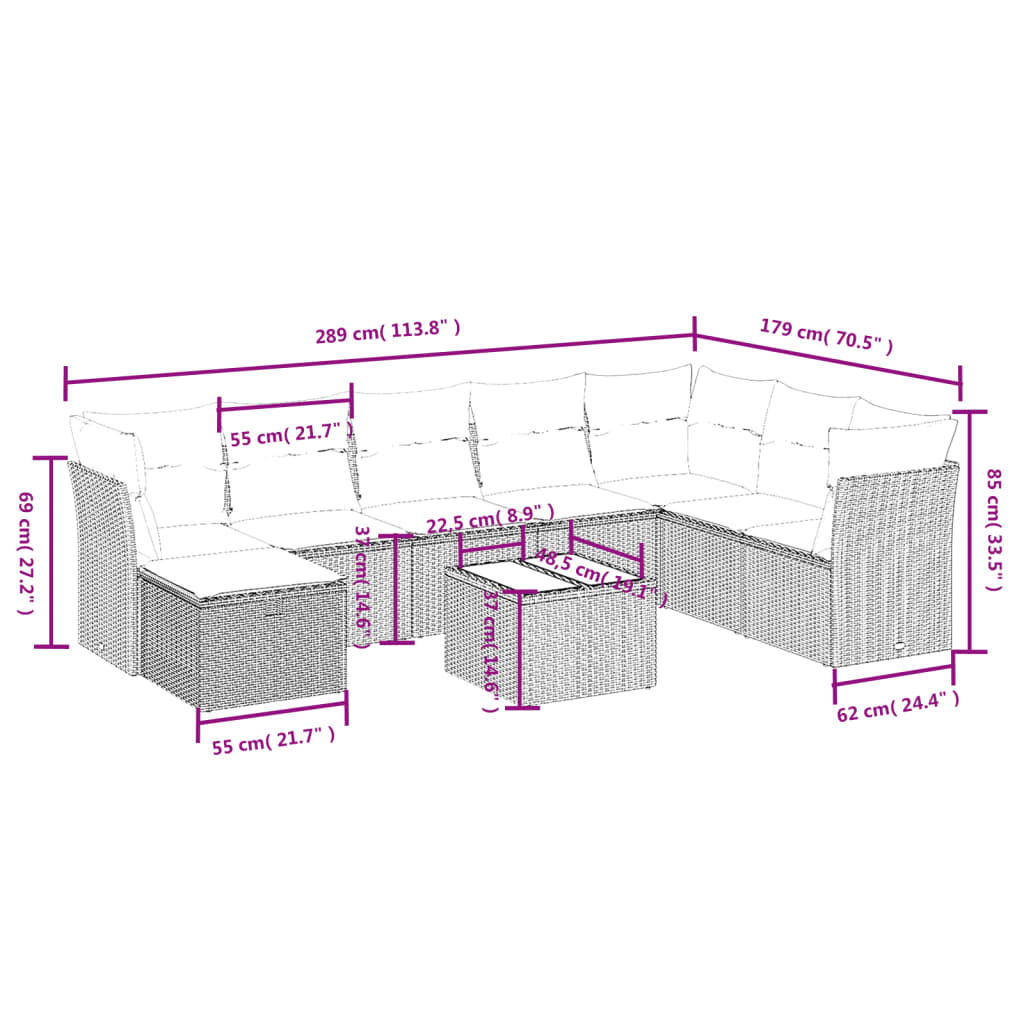 Set mobilier de grădină cu perne, 9 piese, negru, poliratan