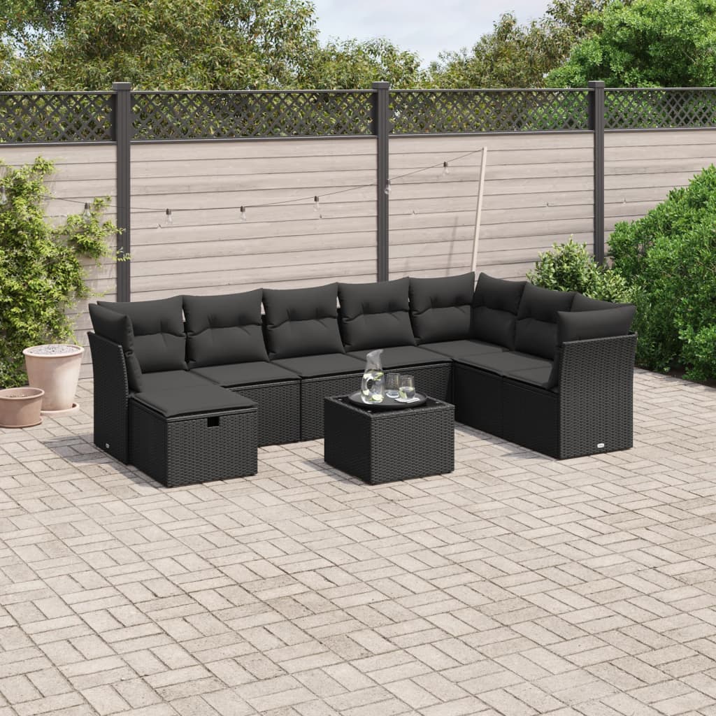 Garden furniture set with cushions, 9 pieces, black, polyrattan