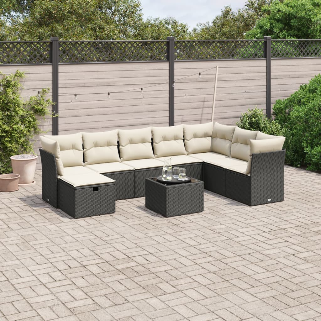 Garden furniture set with cushions, 9 pieces, black, polyrattan