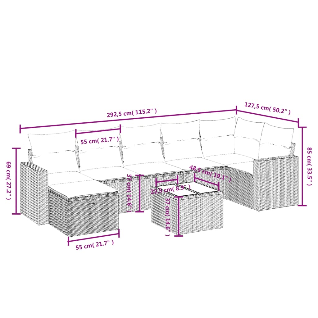 Garden furniture set with cushions, 8 pieces, light grey, polyrattan