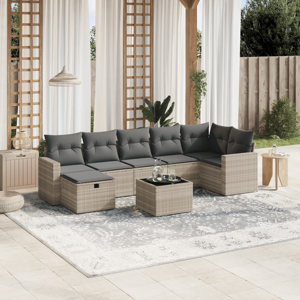 Garden furniture set with cushions, 8 pieces, light grey, polyrattan