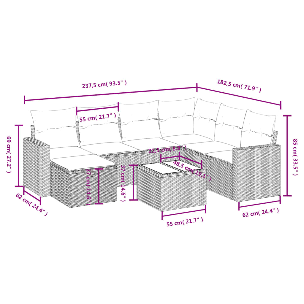 Set mobilier de grădină cu perne, 8 piese gri deschis poliratan