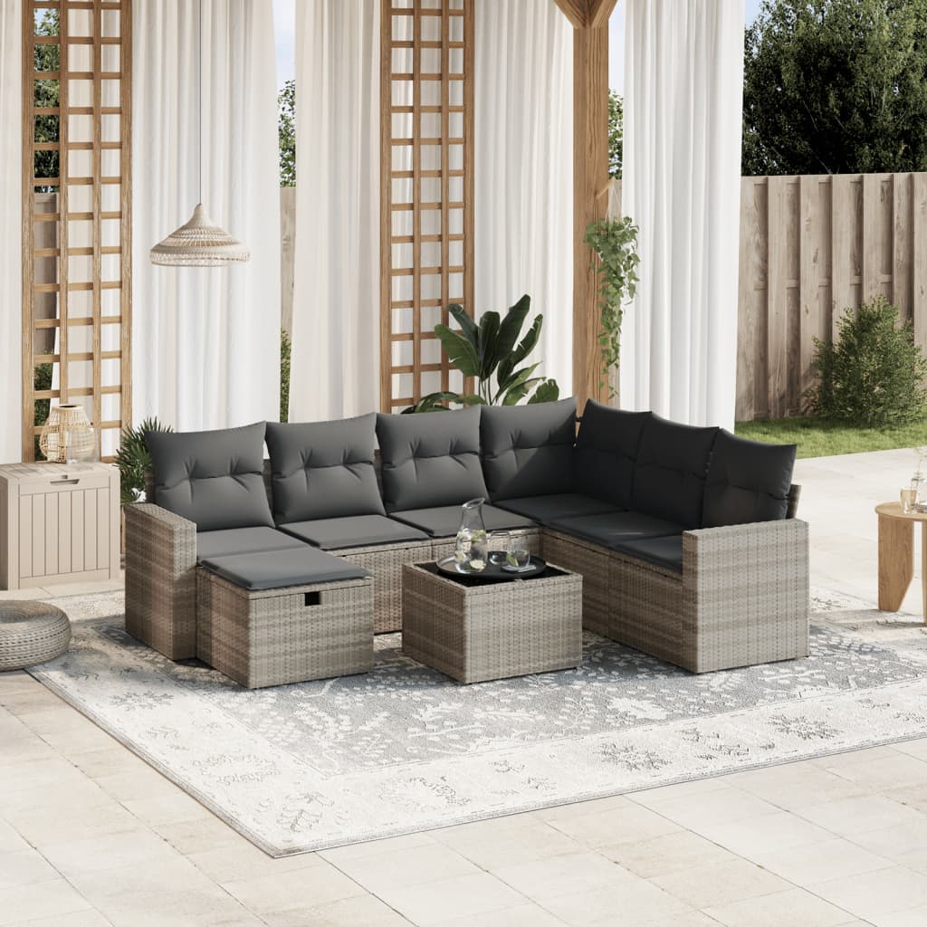 Garden furniture set with cushions, 8 pieces, light grey, polyrattan